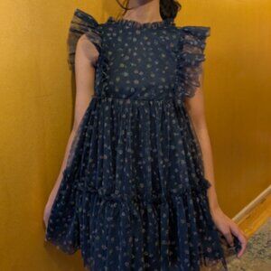 Beautiful Dark Teal Green Floral Girls Dress with Flutter Sleeves Size 14 (L)